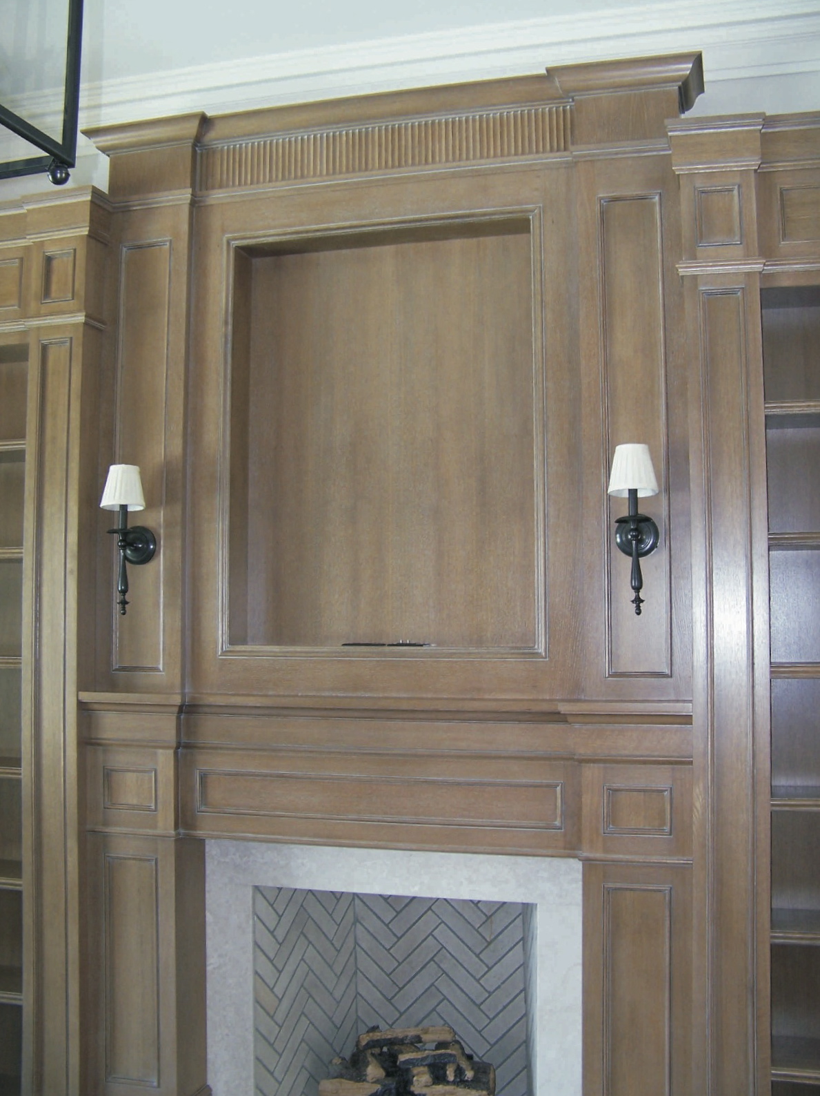 Fireplace area of library, panelling, ceilings, etc., oak with cerusing