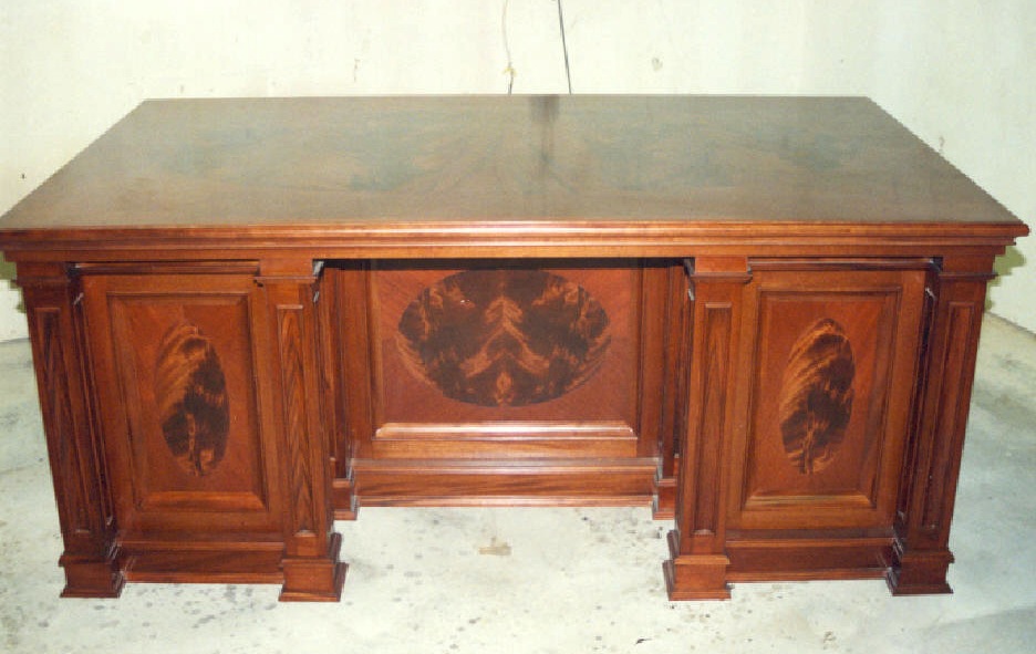 Inlaid crotch mahogany heirloom quality desk with <i>much</i><br />detail, view 1 - Sailfish Point