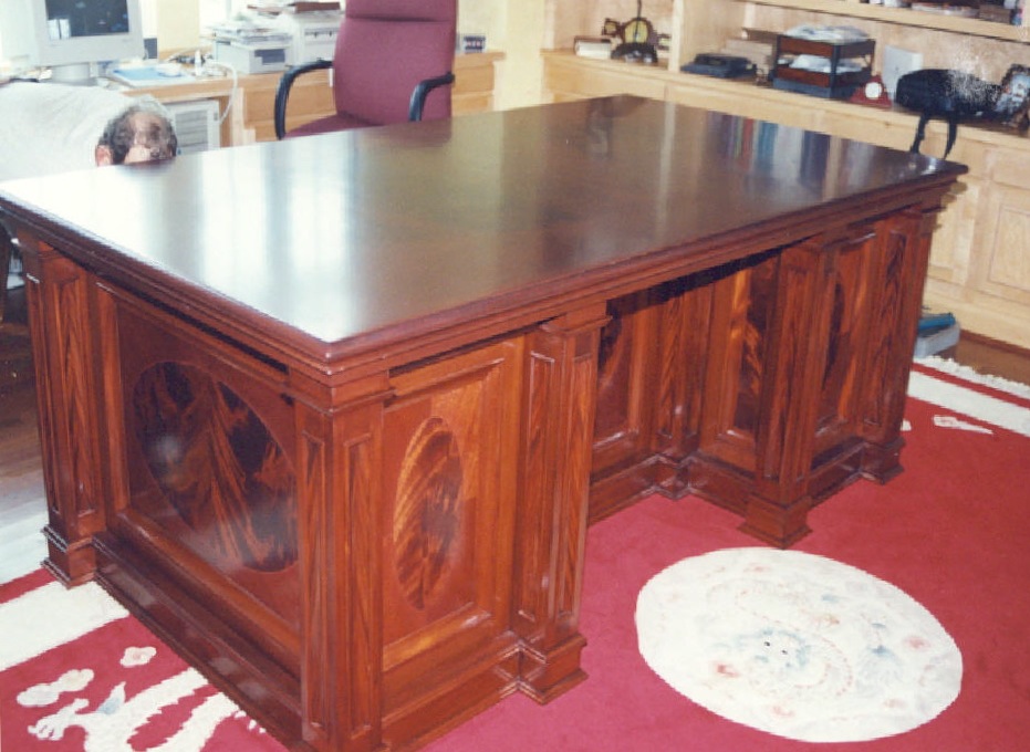 Inlaid crotch mahogany heirloom quality desk with <i>much</i><br />detail, view 2 - Sailfish Point