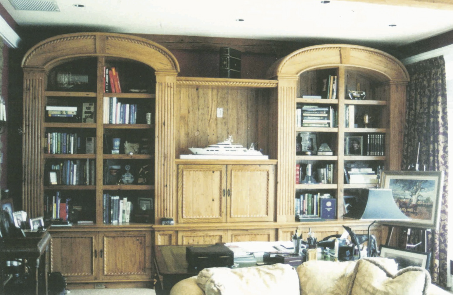 Wormy chestnut home office with steam-bent rope moldings -<br />Jupiter Island